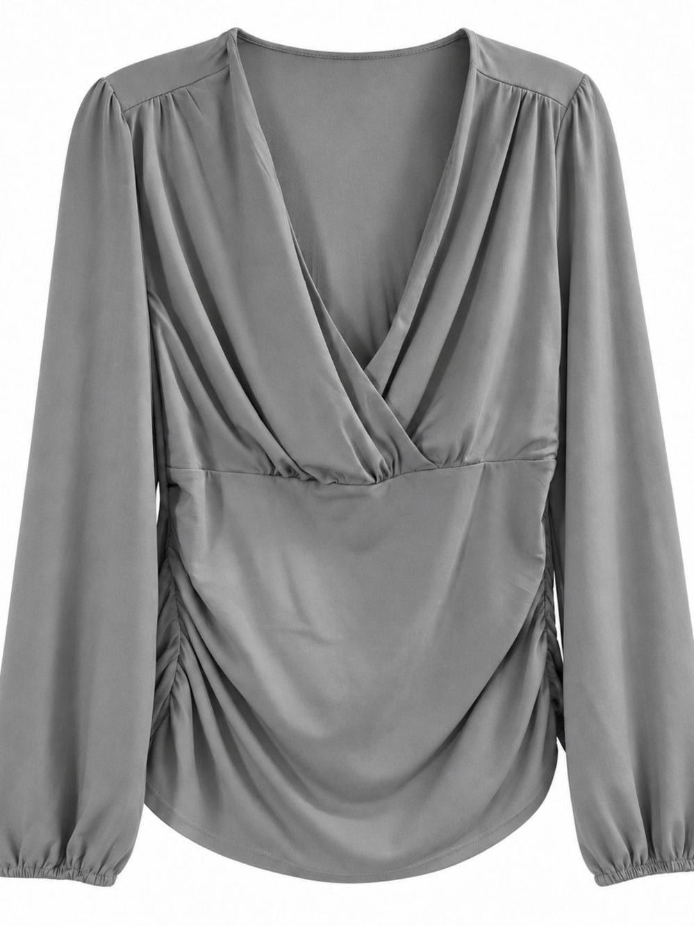 Grace Karin Gray Ruched Wrap Long-Sleeve Top Size XL NWOT